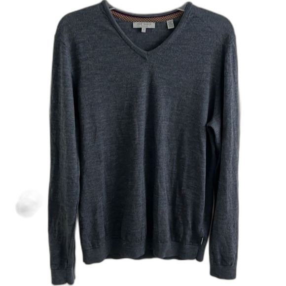 Ted Baker Batatak 100% Merino Wool Slim Fit Gray Sweater V-neck sz 6 Fits L - Picture 1 of 8